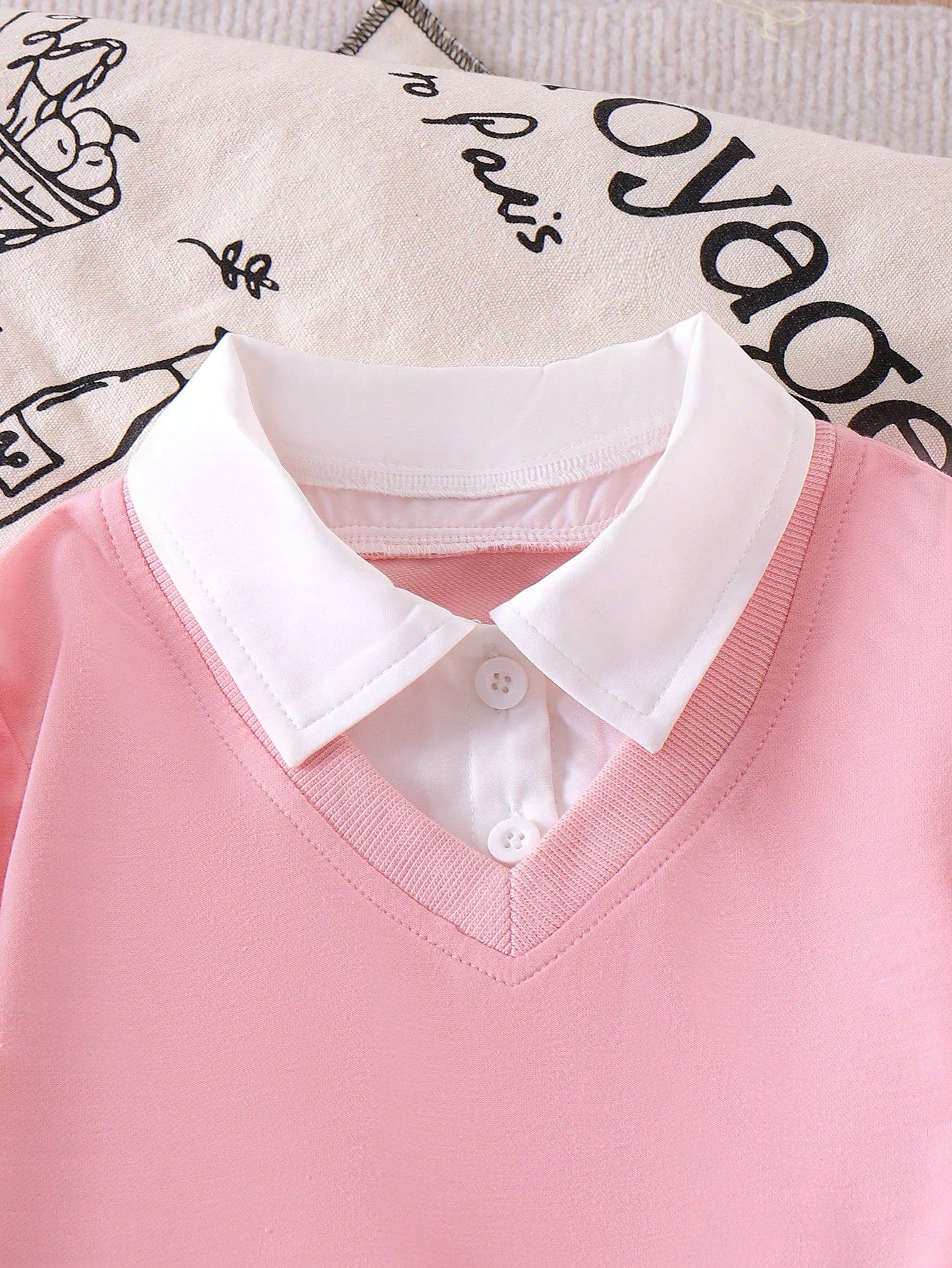 Baby Girl Spring/Autumn Preppy Style Sweatshirt Set, Pink 2 In 1 Collar Top + Matching Side White Stripe Flared Pants 2pcs Set, 3D Bow Decor On Cuffs, Fresh Youthful Style, Skin-Friendly Soft Fabric