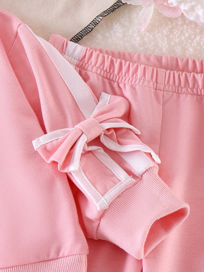 Baby Girl Spring/Autumn Preppy Style Sweatshirt Set, Pink 2 In 1 Collar Top + Matching Side White Stripe Flared Pants 2pcs Set, 3D Bow Decor On Cuffs, Fresh Youthful Style, Skin-Friendly Soft Fabric