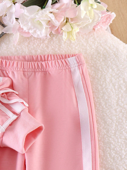 Baby Girl Spring/Autumn Preppy Style Sweatshirt Set, Pink 2 In 1 Collar Top + Matching Side White Stripe Flared Pants 2pcs Set, 3D Bow Decor On Cuffs, Fresh Youthful Style, Skin-Friendly Soft Fabric