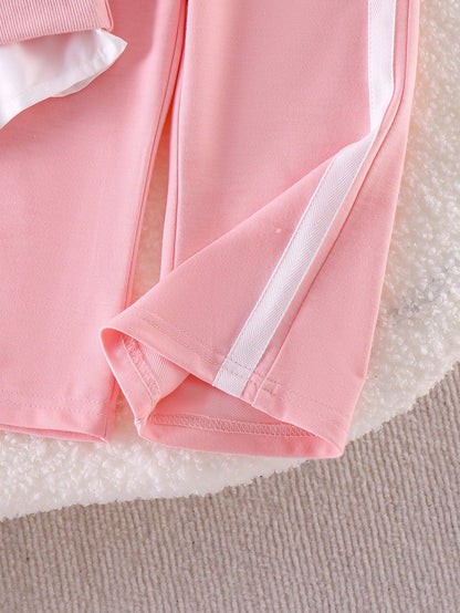 Baby Girl Spring/Autumn Preppy Style Sweatshirt Set, Pink 2 In 1 Collar Top + Matching Side White Stripe Flared Pants 2pcs Set, 3D Bow Decor On Cuffs, Fresh Youthful Style, Skin-Friendly Soft Fabric