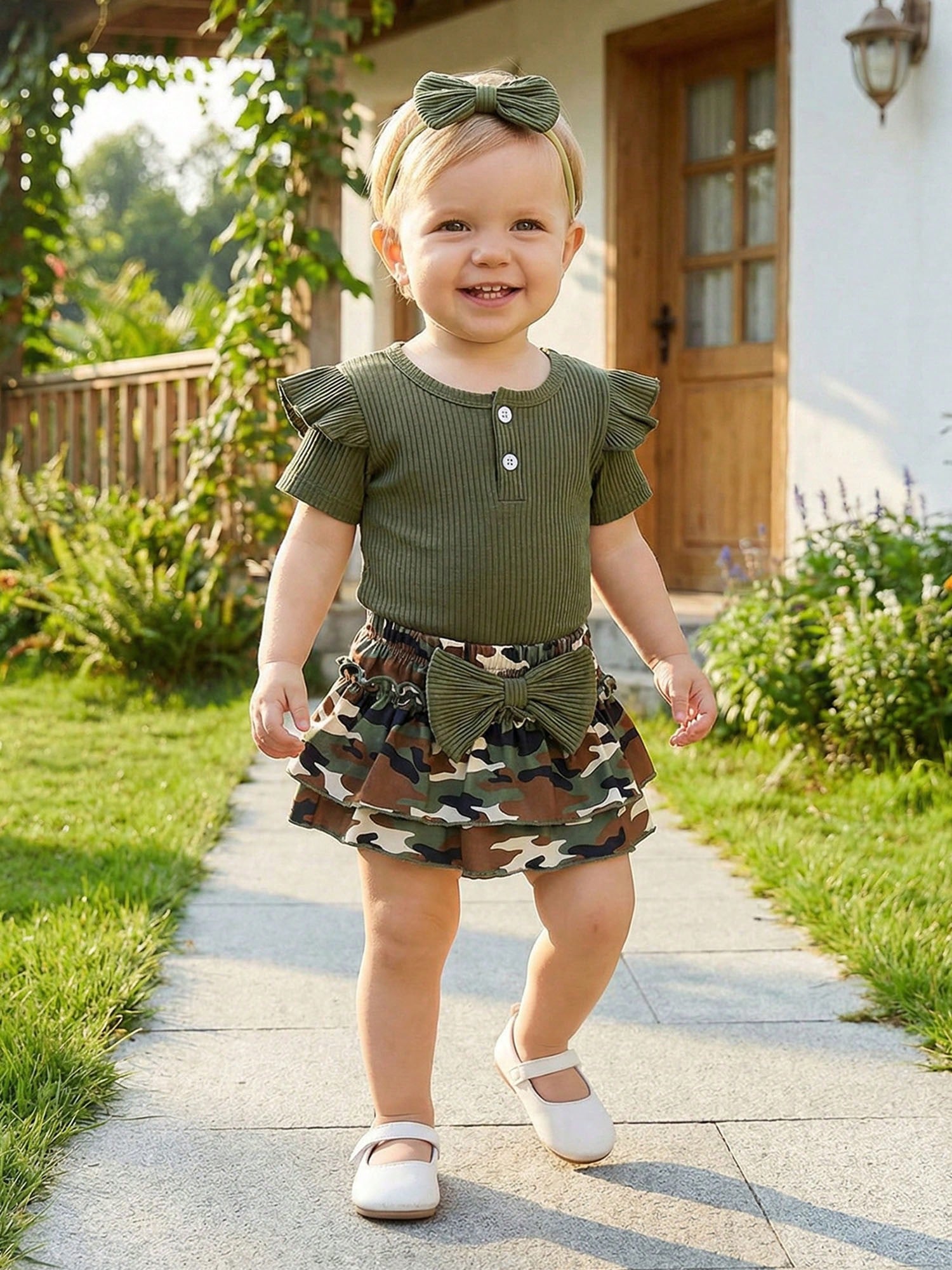 Baby Girl Summer Outfits Ribbed Knit Round Neck Short Sleeve Romper Camouflage Print Shorts Headband 3Pcs Clothes Set