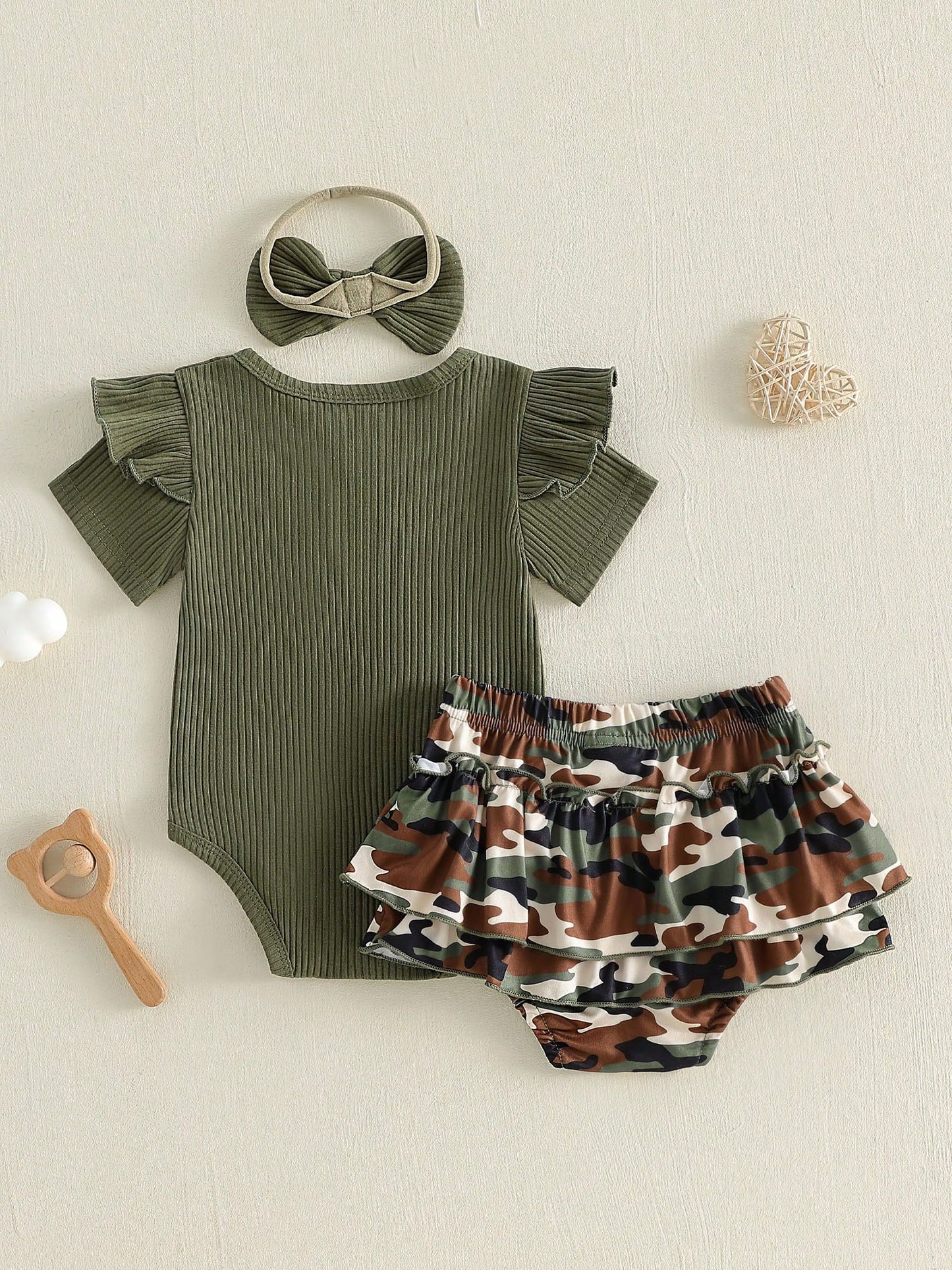 Baby Girl Summer Outfits Ribbed Knit Round Neck Short Sleeve Romper Camouflage Print Shorts Headband 3Pcs Clothes Set