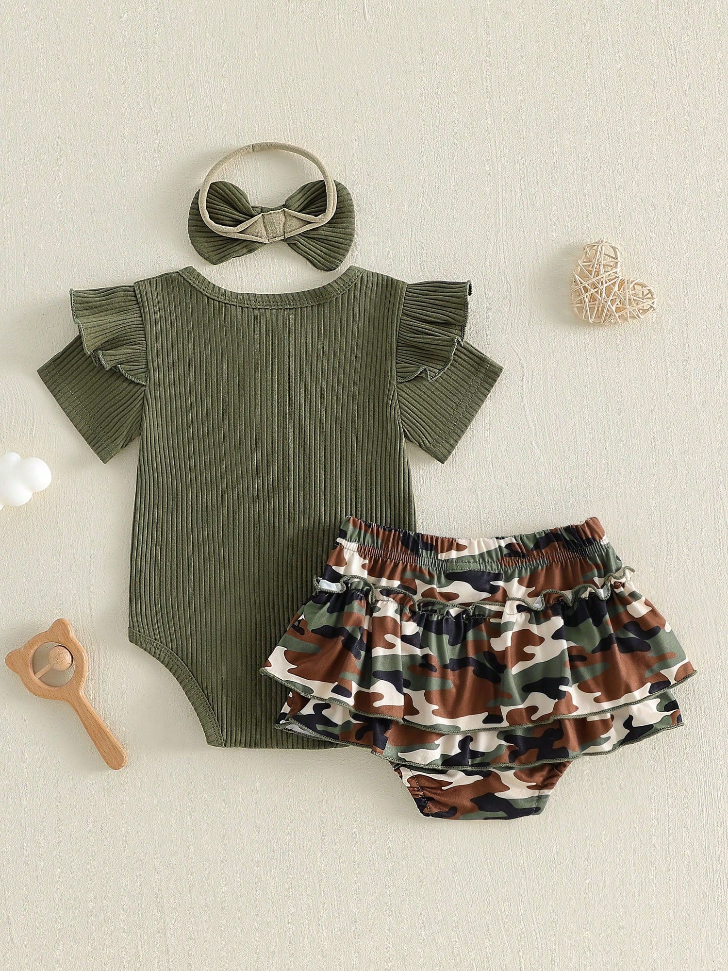 Baby Girl Summer Outfits Ribbed Knit Round Neck Short Sleeve Romper Camouflage Print Shorts Headband 3Pcs Clothes Set