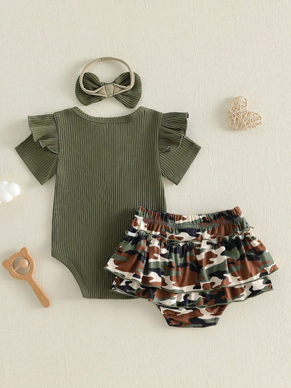 Baby Girl Summer Outfits Ribbed Knit Round Neck Short Sleeve Romper Camouflage Print Shorts Headband 3Pcs Clothes Set