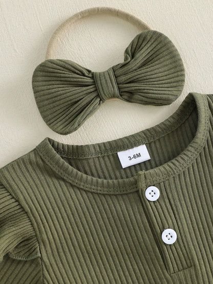 Baby Girl Summer Outfits Ribbed Knit Round Neck Short Sleeve Romper Camouflage Print Shorts Headband 3Pcs Clothes Set
