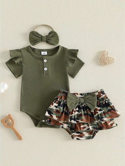 Baby Girl Summer Outfits Ribbed Knit Round Neck Short Sleeve Romper Camouflage Print Shorts Headband 3Pcs Clothes Set
