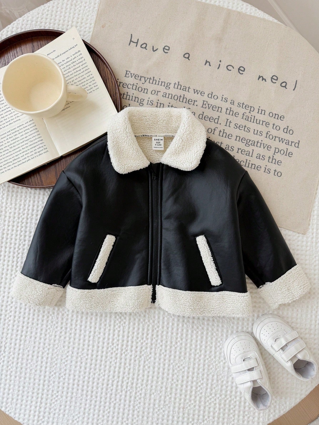 Baby Girl Woven Contrast Color Faux Fur Collar Casual Winter Jacket