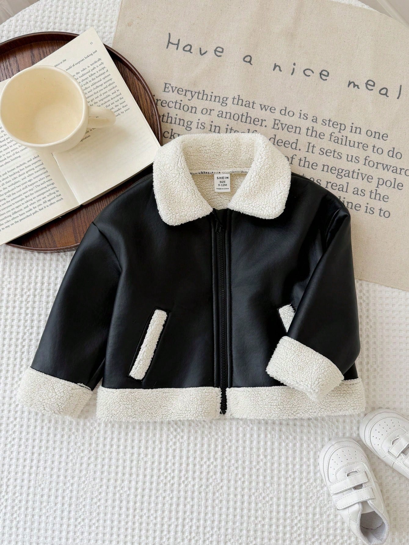 Baby Girl Woven Contrast Color Faux Fur Collar Casual Winter Jacket
