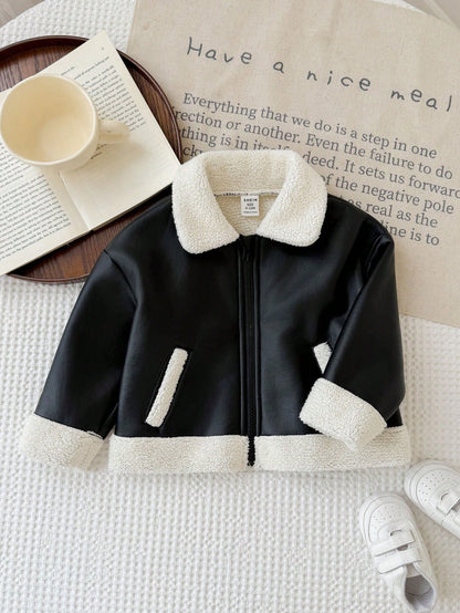 Baby Girl Woven Contrast Color Faux Fur Collar Casual Winter Jacket