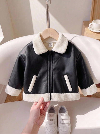 Baby Girl Woven Contrast Color Faux Fur Collar Casual Winter Jacket