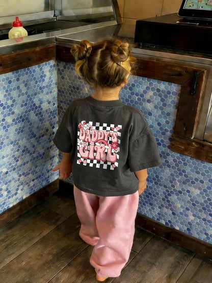 Baby GirlMinimalist Plaid Graffiti & Letter Print Round Neck Short Sleeve Cute Top