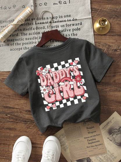 Baby GirlMinimalist Plaid Graffiti & Letter Print Round Neck Short Sleeve Cute Top