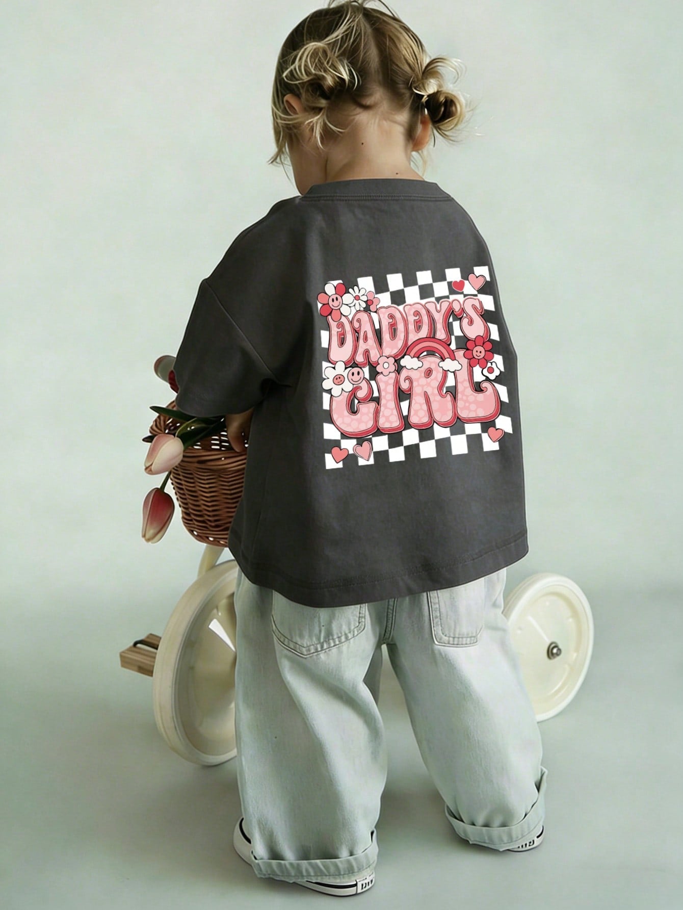 Baby GirlMinimalist Plaid Graffiti & Letter Print Round Neck Short Sleeve Cute Top