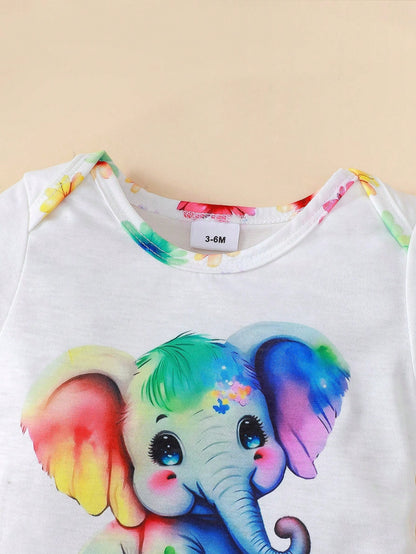 Baby Girls Cartoon Elephant & Floral Print Short Sleeve Bodysuit And Shorts Casual 2-Piece Set
