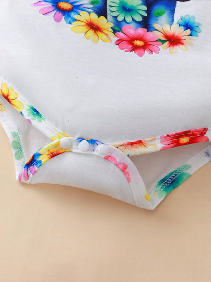 Baby Girls Cartoon Elephant & Floral Print Short Sleeve Bodysuit And Shorts Casual 2-Piece Set