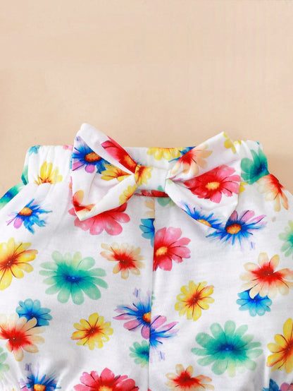 Baby Girls Cartoon Elephant & Floral Print Short Sleeve Bodysuit And Shorts Casual 2-Piece Set
