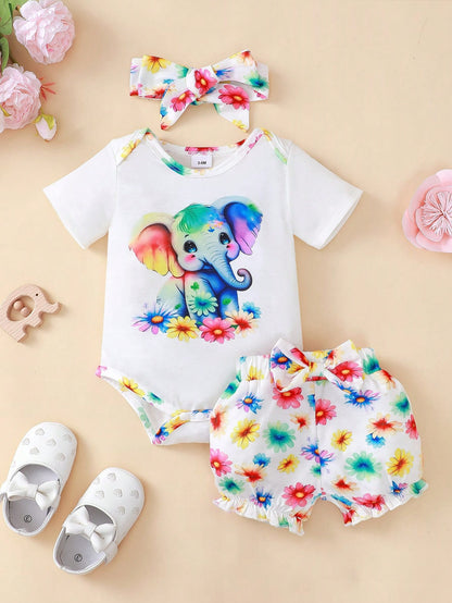 Baby Girls Cartoon Elephant & Floral Print Short Sleeve Bodysuit And Shorts Casual 2-Piece Set