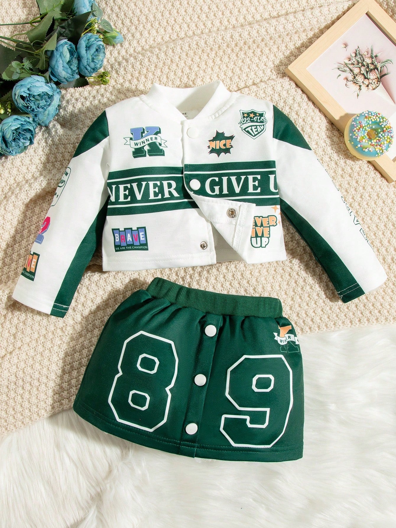 Baby Girls' Letter Printed Jacket And Skirt Matching ZipperedGreenKnitCoordinatedEffortlessMix-And-MatchEasy-CareSoftBold Set
