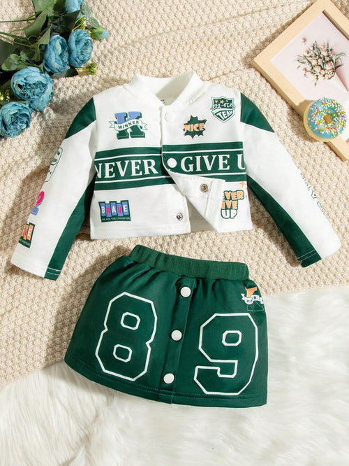 Baby Girls' Letter Printed Jacket And Skirt Matching ZipperedGreenKnitCoordinatedEffortlessMix-And-MatchEasy-CareSoftBold Set