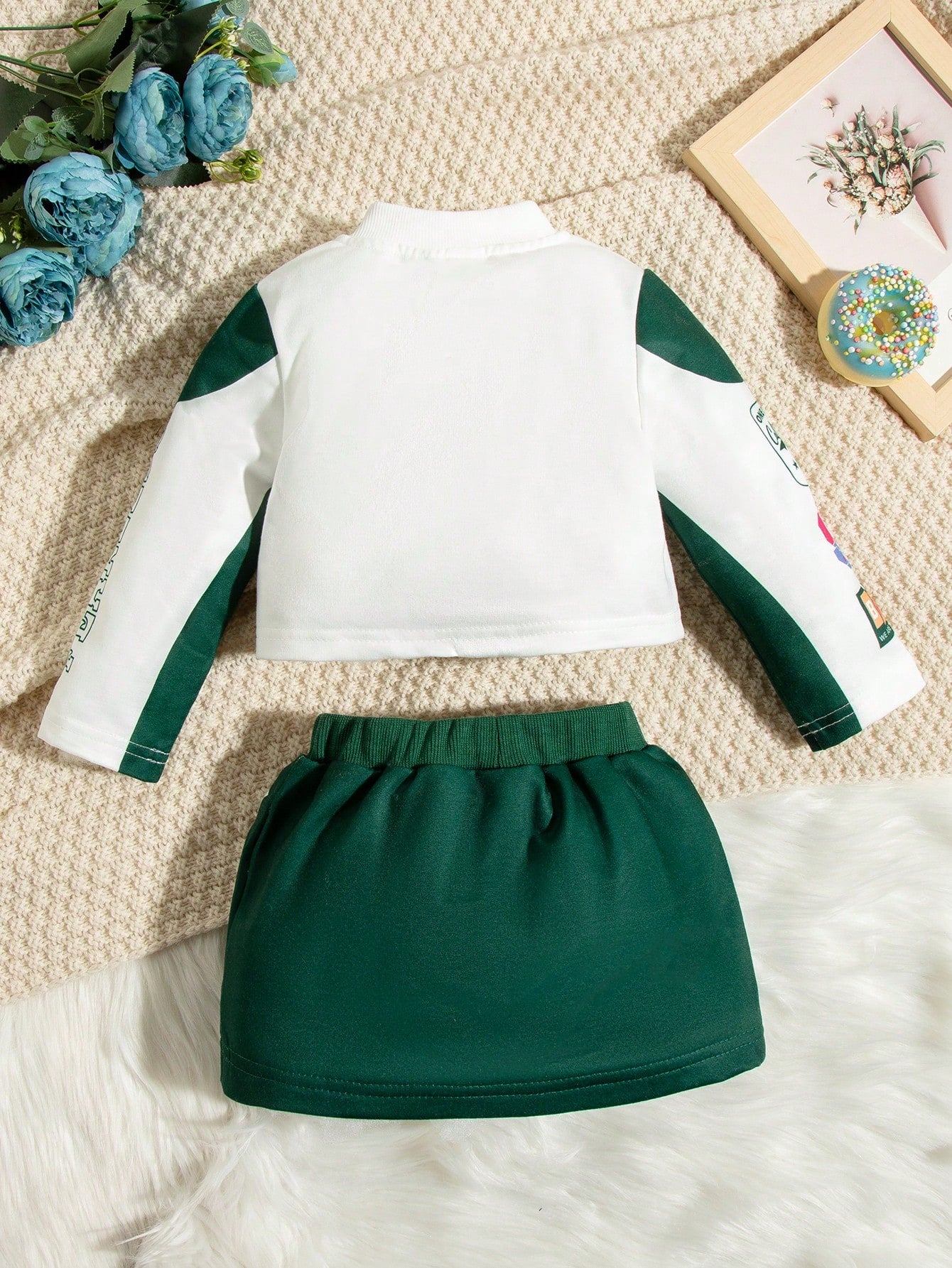 Baby Girls' Letter Printed Jacket And Skirt Matching ZipperedGreenKnitCoordinatedEffortlessMix-And-MatchEasy-CareSoftBold Set