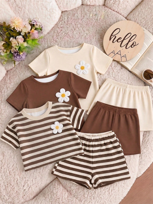 Baby Girls Simple Casual 3pcs Pieces Set Short Sleeve Top Suitable For Summer
