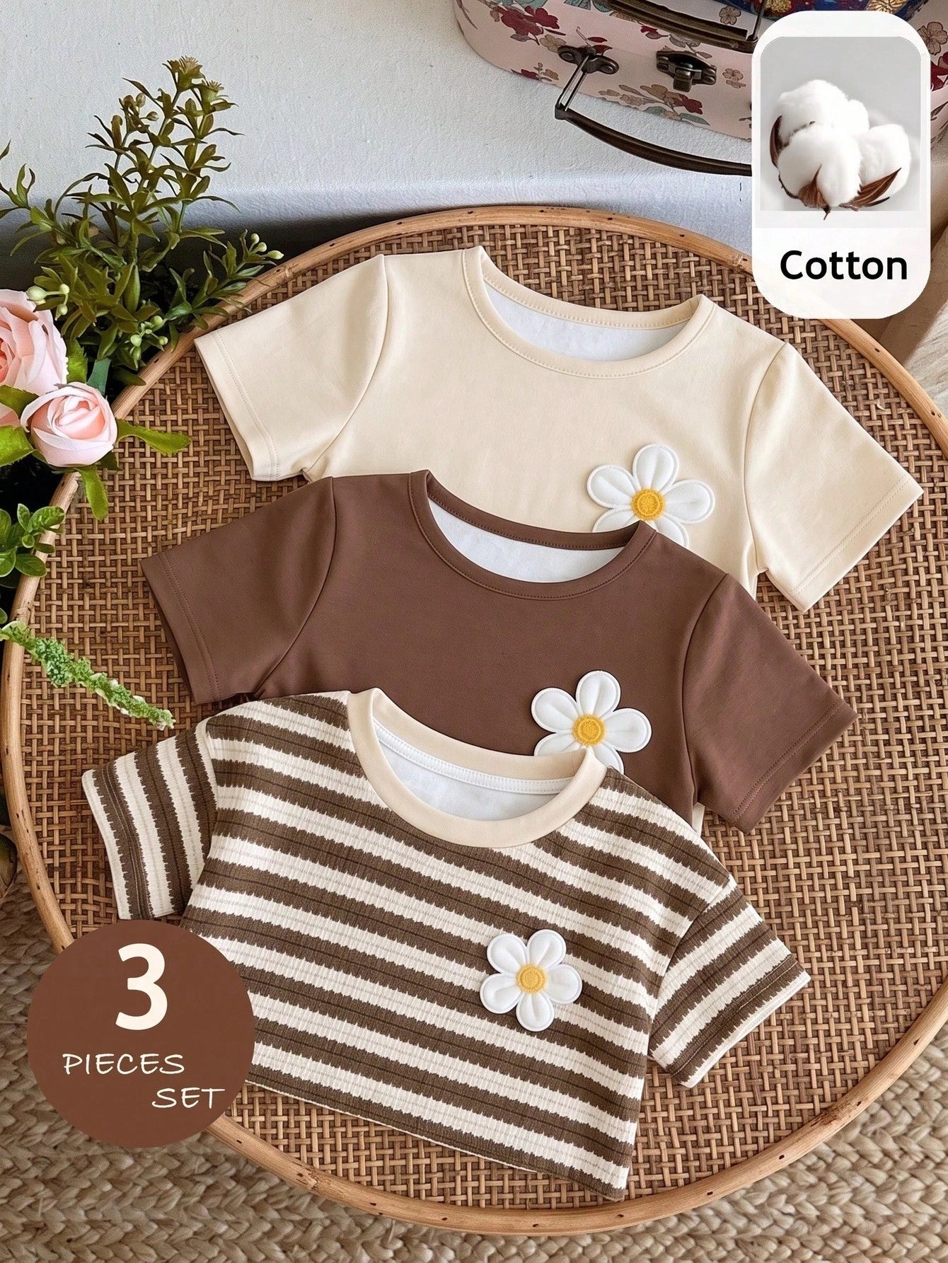 Baby Girls Simple Casual 3pcs Pieces Set Short Sleeve Top Suitable For Summer