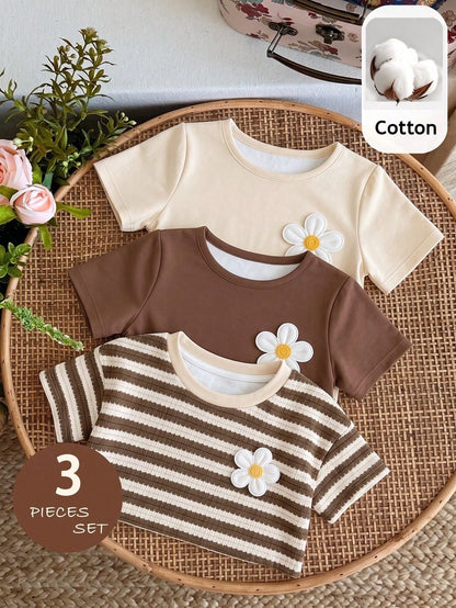 Baby Girls Simple Casual 3pcs Pieces Set Short Sleeve Top Suitable For Summer
