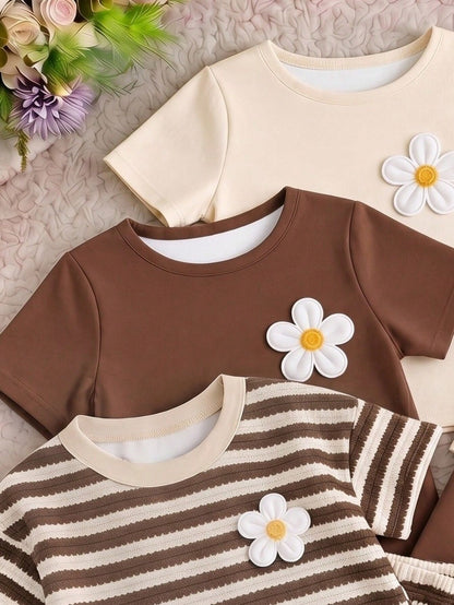 Baby Girls Simple Casual 3pcs Pieces Set Short Sleeve Top Suitable For Summer