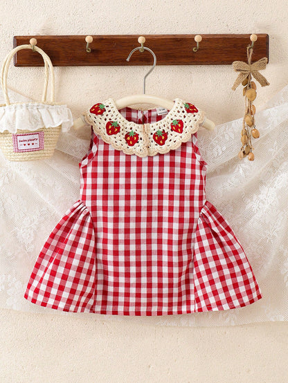 Baby Girls Summer Red Plaid Tank Dress, Peter Pan Collar, Cute Minimalist Versatile Style, Suitable For Baby Girls Summer Casual Outdoor Play, Vacation, Daily Comfortable Wear