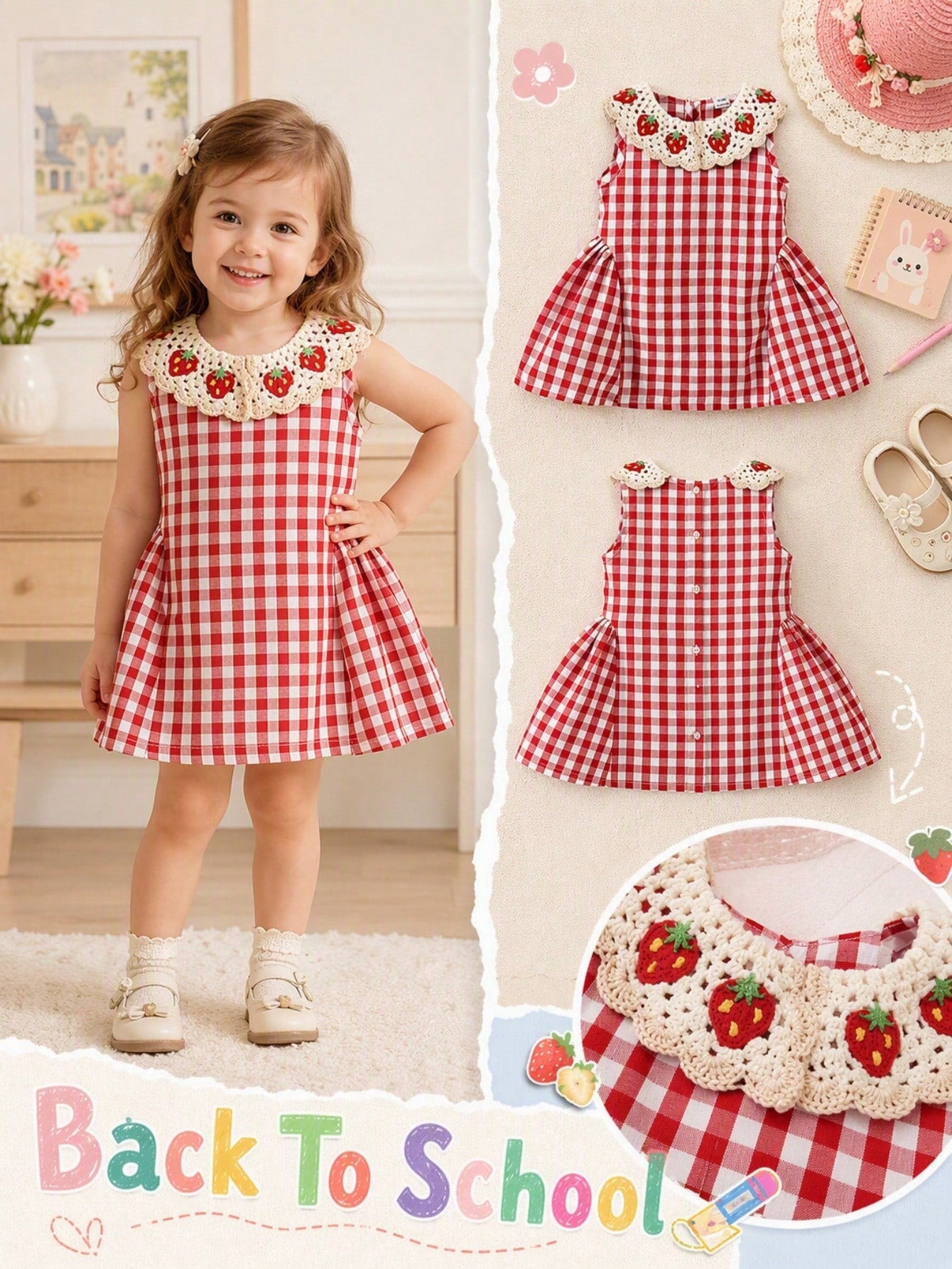 Baby Girls Summer Red Plaid Tank Dress, Peter Pan Collar, Cute Minimalist Versatile Style, Suitable For Baby Girls Summer Casual Outdoor Play, Vacation, Daily Comfortable Wear
