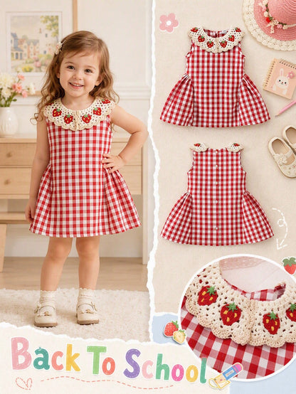Baby Girls Summer Red Plaid Tank Dress, Peter Pan Collar, Cute Minimalist Versatile Style, Suitable For Baby Girls Summer Casual Outdoor Play, Vacation, Daily Comfortable Wear