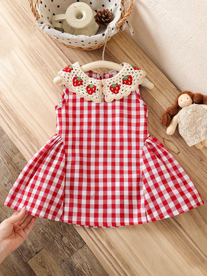 Baby Girls Summer Red Plaid Tank Dress, Peter Pan Collar, Cute Minimalist Versatile Style, Suitable For Baby Girls Summer Casual Outdoor Play, Vacation, Daily Comfortable Wear