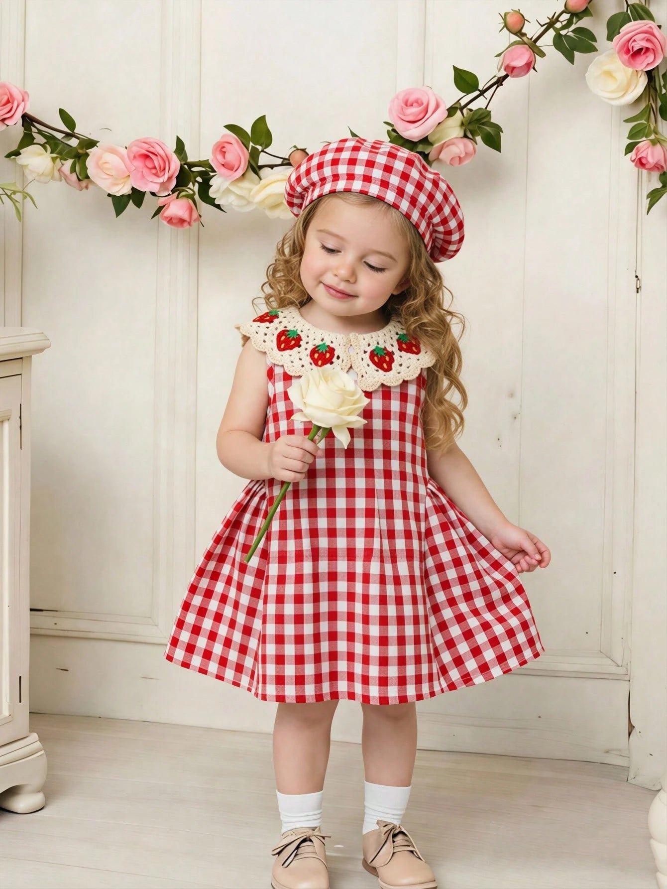 Baby Girls Summer Red Plaid Tank Dress, Peter Pan Collar, Cute Minimalist Versatile Style, Suitable For Baby Girls Summer Casual Outdoor Play, Vacation, Daily Comfortable Wear