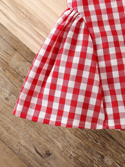 Baby Girls Summer Red Plaid Tank Dress, Peter Pan Collar, Cute Minimalist Versatile Style, Suitable For Baby Girls Summer Casual Outdoor Play, Vacation, Daily Comfortable Wear