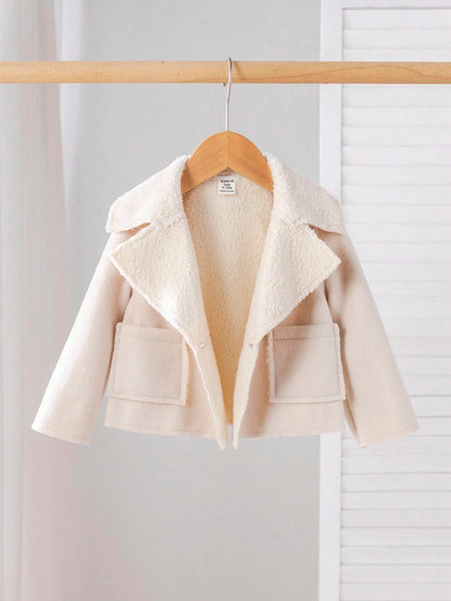 Baby Girls White Winter Fleece Jacket,Thermal Lined Casual Versatile Office Coat,Suitable For Outings And Fall Shopping