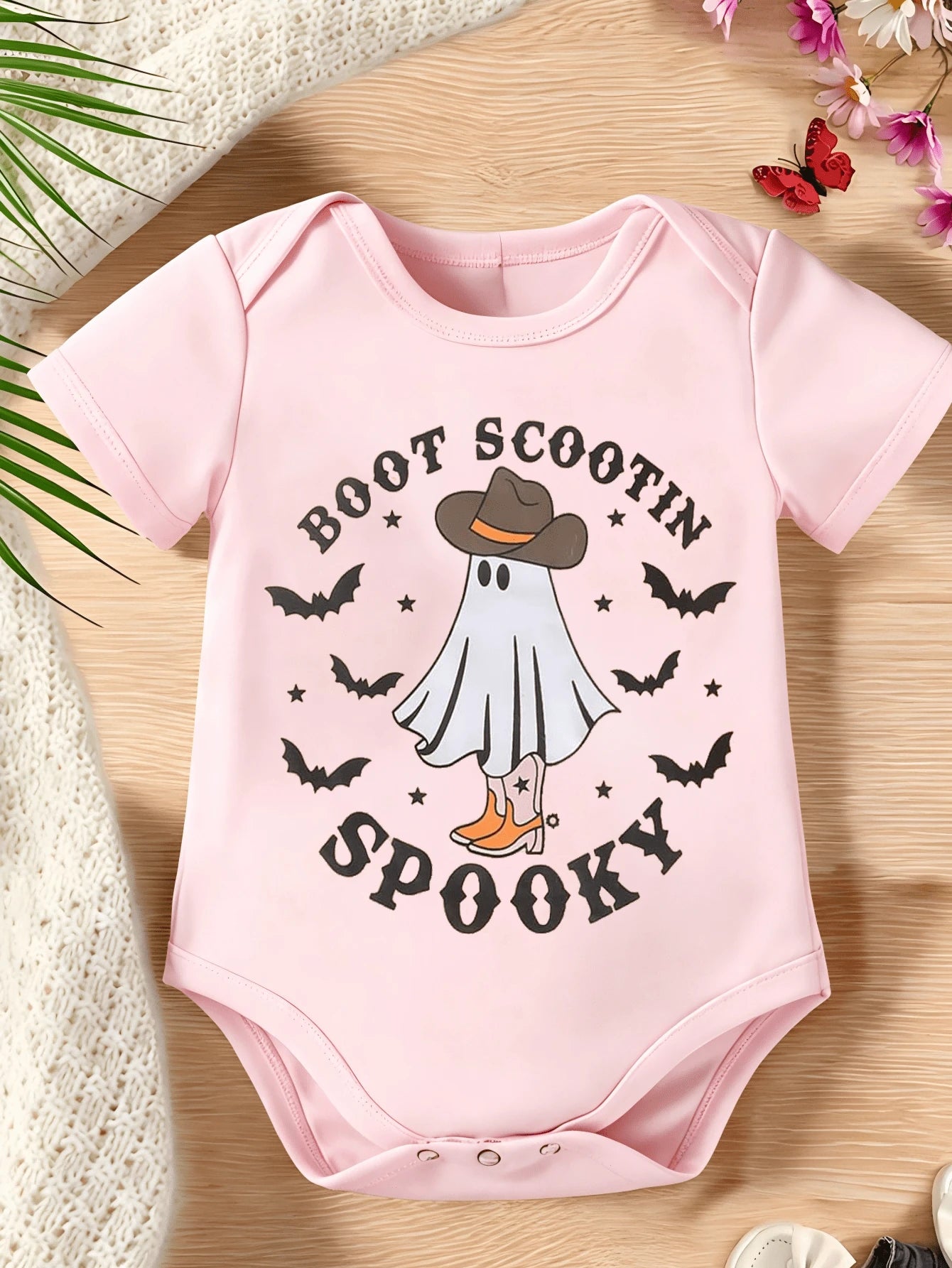 Baby Halloween Western Ghost Cowboy Hat Boots Bat Star Boot Scootin Spooky Graphic Short Sleeve Crew Neck Bodysuit Holiday Summer