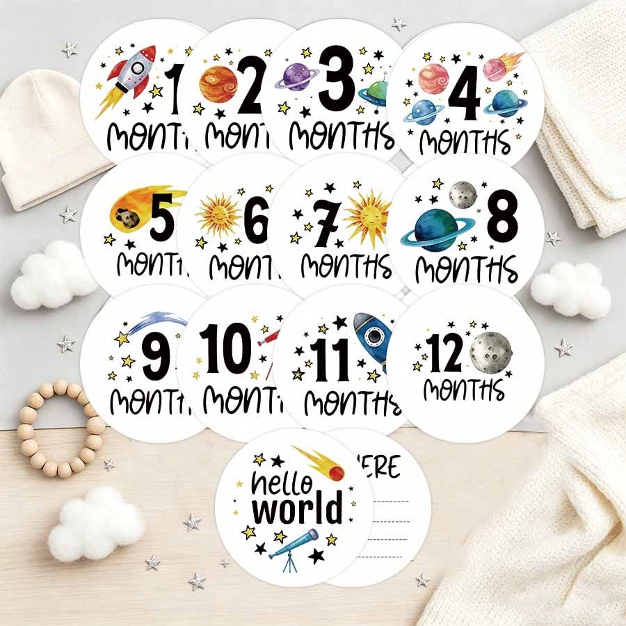 Baby Milestone Cards, "Hello World" Cards, Baby Monthly Age Cards, Space Theme Baby Shower, Suitable For Baby Growth Commemorative Cards, Space Theme Baby Room Decor, Baby Monthly Age Markers, Baby Co
