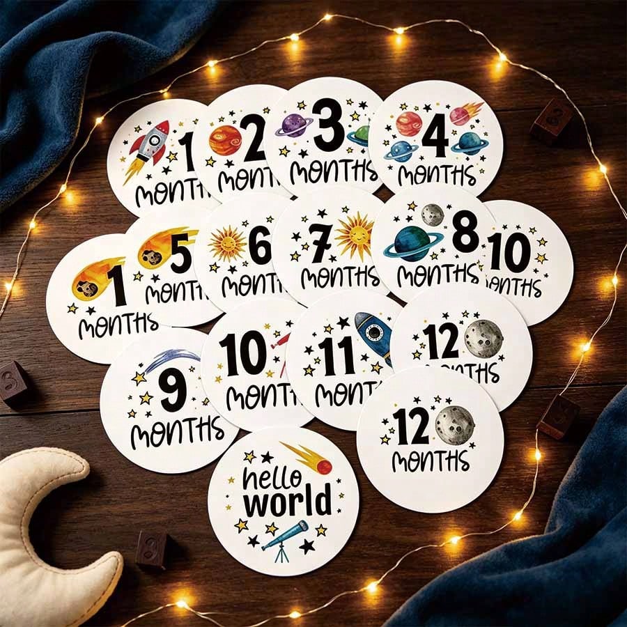 Baby Milestone Cards, "Hello World" Cards, Baby Monthly Age Cards, Space Theme Baby Shower, Suitable For Baby Growth Commemorative Cards, Space Theme Baby Room Decor, Baby Monthly Age Markers, Baby Co
