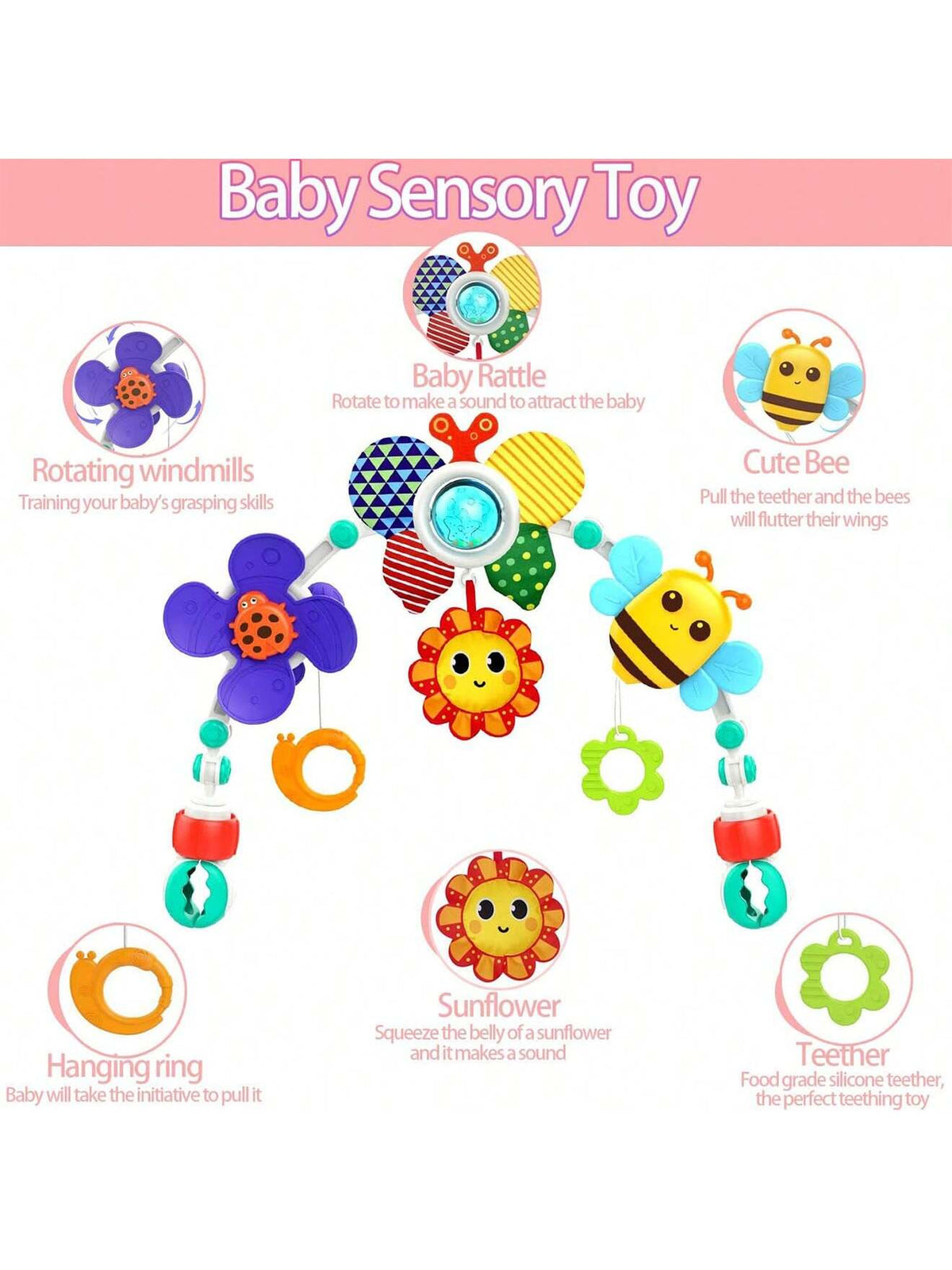Baby Pram Toys, Baby Arch Pram Play Toys With Rabbit Rattle, Foldable Pram Toys For Babies 0-24 Months, Travel Play Arch Stroller For Bouncers Pram, Stroller, Car Seat, Crib- Bees Car Clip (Bee)