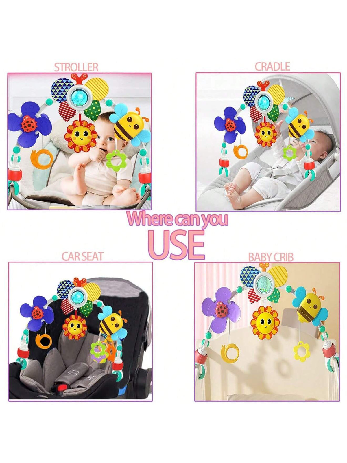Baby Pram Toys, Baby Arch Pram Play Toys With Rabbit Rattle, Foldable Pram Toys For Babies 0-24 Months, Travel Play Arch Stroller For Bouncers Pram, Stroller, Car Seat, Crib- Bees Car Clip (Bee)
