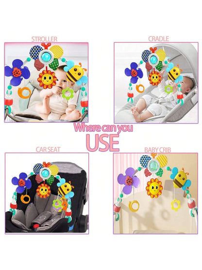 Baby Pram Toys, Baby Arch Pram Play Toys With Rabbit Rattle, Foldable Pram Toys For Babies 0-24 Months, Travel Play Arch Stroller For Bouncers Pram, Stroller, Car Seat, Crib- Bees Car Clip (Bee)