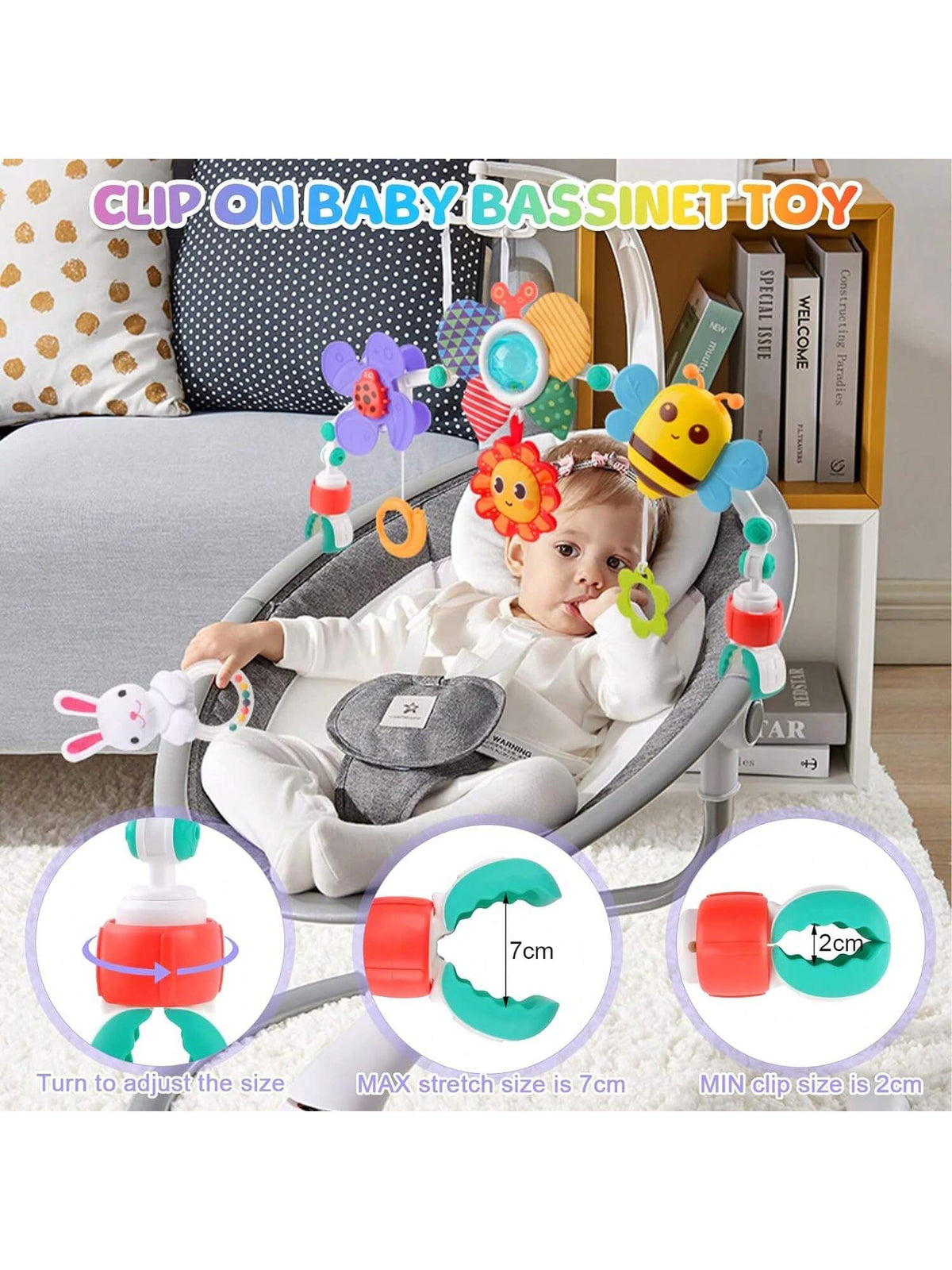Baby Pram Toys, Baby Arch Pram Play Toys With Rabbit Rattle, Foldable Pram Toys For Babies 0-24 Months, Travel Play Arch Stroller For Bouncers Pram, Stroller, Car Seat, Crib- Bees Car Clip (Bee)
