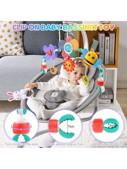 Baby Pram Toys, Baby Arch Pram Play Toys With Rabbit Rattle, Foldable Pram Toys For Babies 0-24 Months, Travel Play Arch Stroller For Bouncers Pram, Stroller, Car Seat, Crib- Bees Car Clip (Bee)