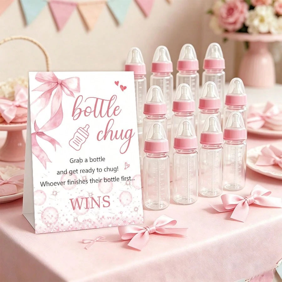 Baby Shower Gender Reveal Party Bottle Game Set With Pink Bow Style Game Markers And Bottles
