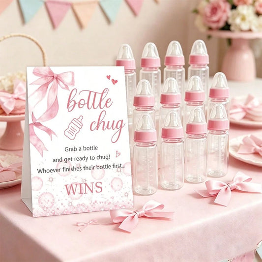 Baby Shower Gender Reveal Party Bottle Game Set With Pink Bow Style Game Markers And Bottles