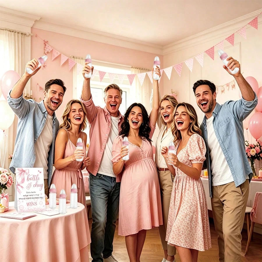 Baby Shower Gender Reveal Party Bottle Game Set With Pink Bow Style Game Markers And Bottles