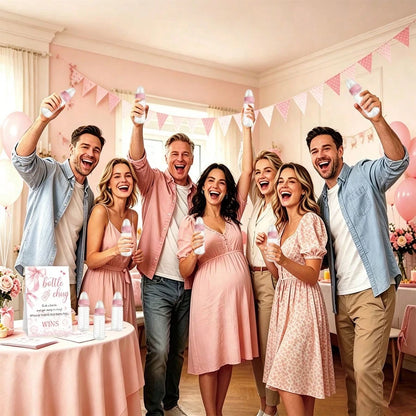 Baby Shower Gender Reveal Party Bottle Game Set With Pink Bow Style Game Markers And Bottles