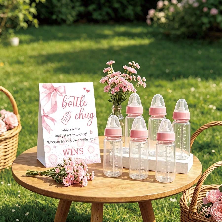 Baby Shower Gender Reveal Party Bottle Game Set With Pink Bow Style Game Markers And Bottles