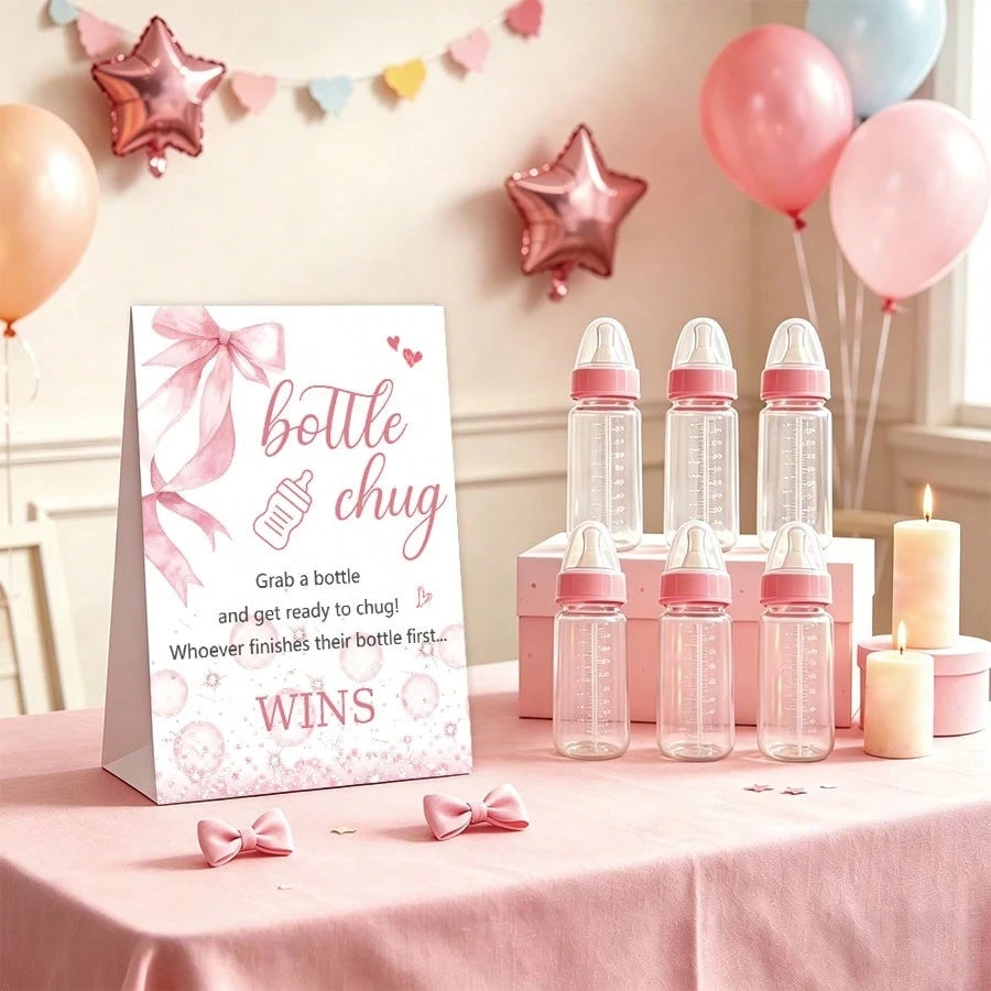 Baby Shower Gender Reveal Party Bottle Game Set With Pink Bow Style Game Markers And Bottles