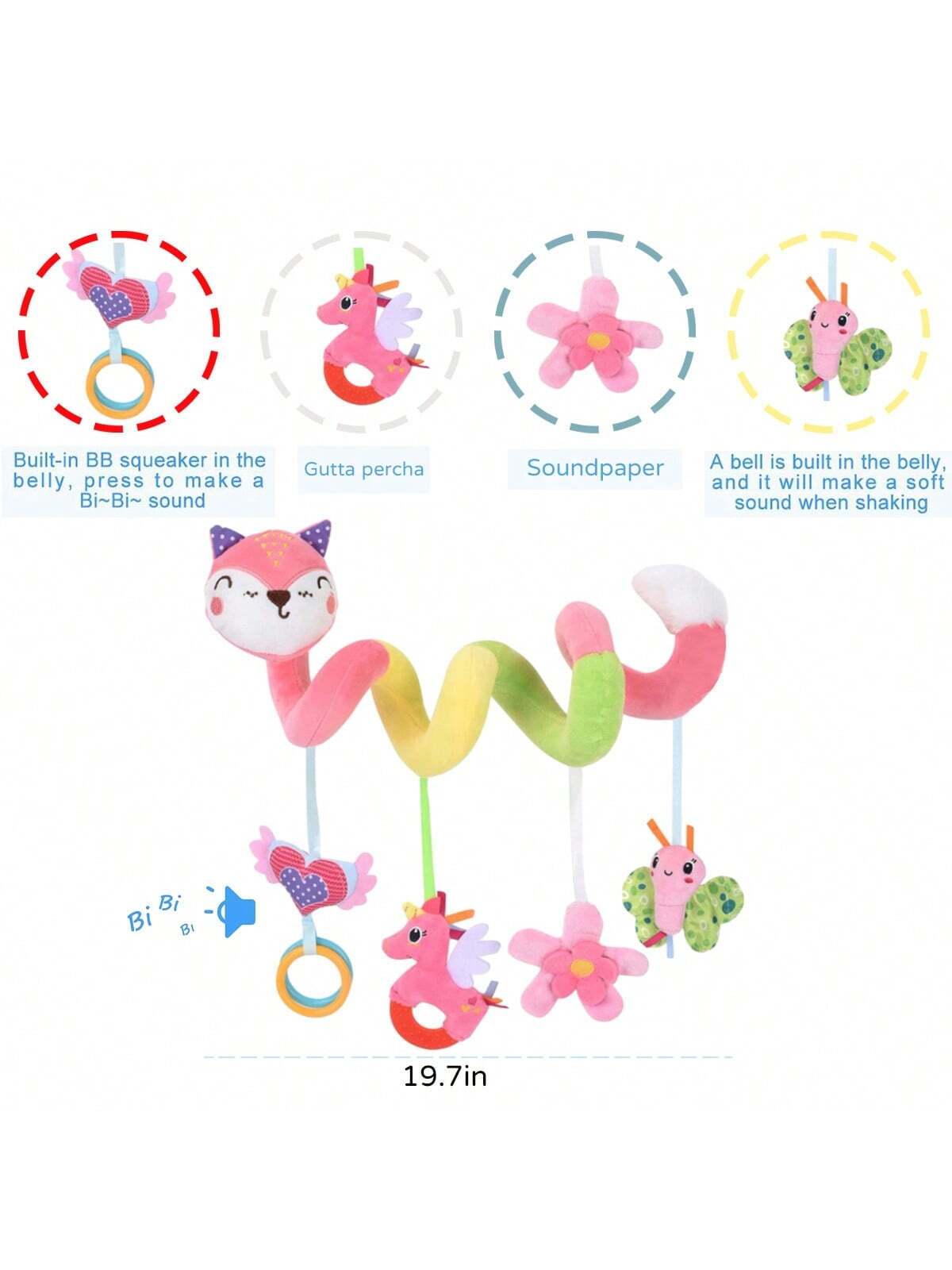 Baby Soothing Plush Rattle Hanging Doll, Stroller Soothing Pendant, Baby Car Seat Rattle Doll, Sensory Stimulation Doll, Car Seat Spiral Pink Fox Doll (Some Accessories Pattern And Color Are Random)